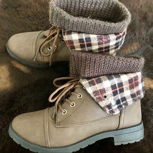 Brown plaid detail booties